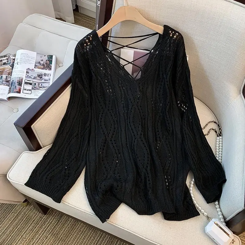 Women's White in Thin Section Long Sleeve Sun Protection Sweater Cutout Blouse Loose Casual Backless Top