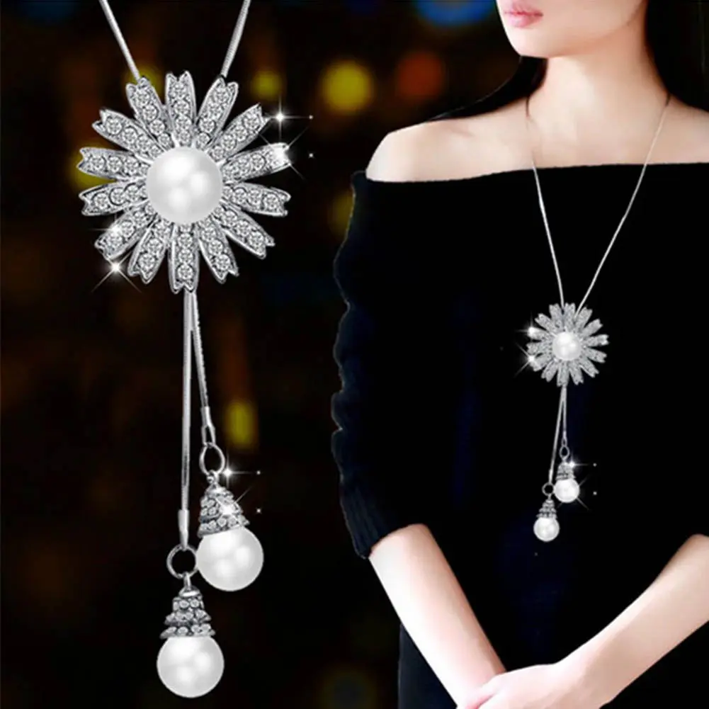 Wshoeo-Vòng Cổ Kim Cương Giả Cho Nữ, Mặt Dây Chuyền Hoa Hướng Dương, Ngọc Trai Giả, Dây Chuyền Dài, Trang Sức