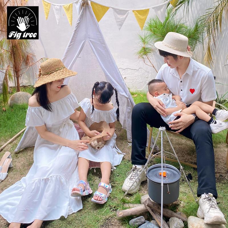 Sét Gia Đình Fig Tree( Sét giá 1 sp) - Aó Sơ Mi Và Đầm Nữ Kiểu  Maxi Trễ Vai Màu Trắng Tinh Khôi , Chất Đũi  Mềm Min, Mát Lên Dáng Siêu Đẹp Cho Gia Đình. 4