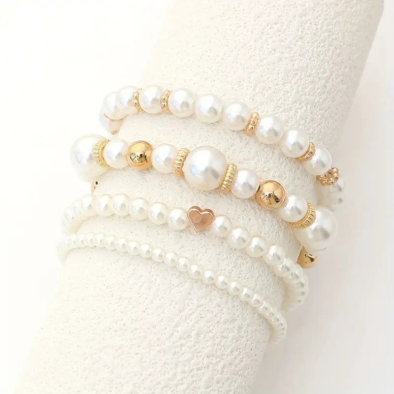 4 PCs White Artificial Pearl Beads Beaded Bracelet Suit Elegant Handmade Handmade String Jewelry Accessories 4