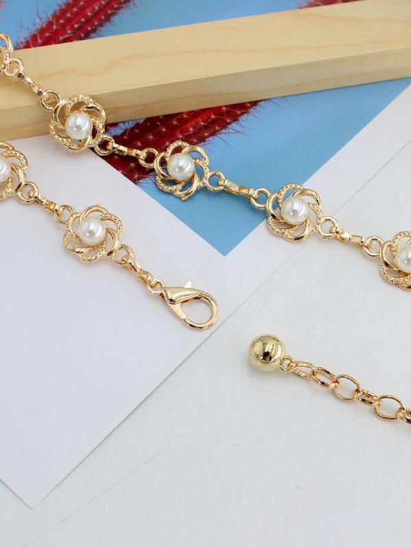 Women's Elegant Faux Pearl Decor Flower Design Chain Belt,  Trendy Cute Chain Belt, Chic All-match Stylish Clothes Accessories for Party Decor 2