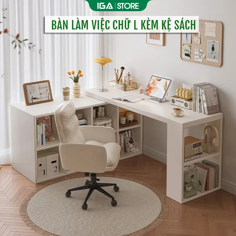 Bàn làm việc kèm kệ sách đa tầng thông minh xoay 360 thương hiệu IGA - GP368
