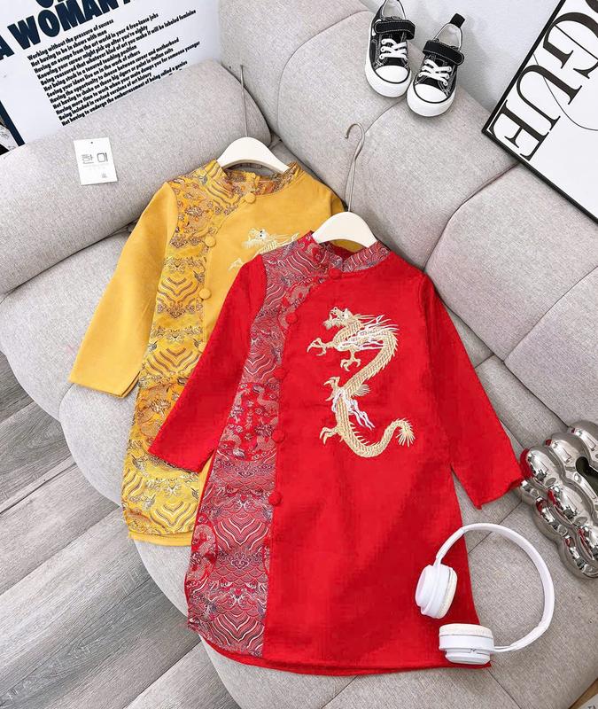 [10-36kg] Áo dài thêu Rồng cho bé trai mẫu hot TẾT 2025 (kèm khánh), diện Tết, du xuân siêu sang chảnh, chất nhung lì mềm đẹp, không nhăn, cúc tàu xịn đẹp. 3