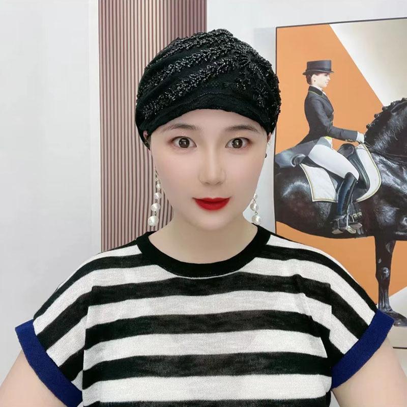 Product Introduction of Glitter Diamonds Embroidery Lace Turban Hats for Women Muslim Headscarf Head Wraps Caps Female Daily Beanie Hair Cover Cap 10