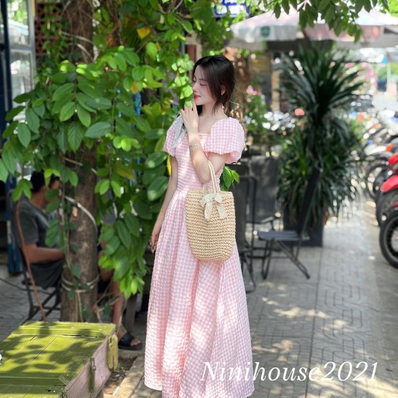 Đầm maxi bo chun caro mùa hè nhiều màu có tay bồng D42