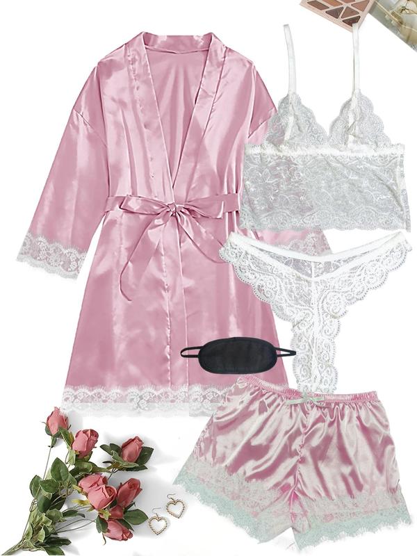 5 Counts Women's Contrast Lace Satin Pyjama Set, Casual Cami Top & Thong & Belted Wrap Lounge Robe & Bow Elastic Waist Shorts & Eye Mask Set, Pajama Sets Women, Lounge Sets, Women's Loungewear Set, Bedroom Pajamas for Married Women, Nightwear 3