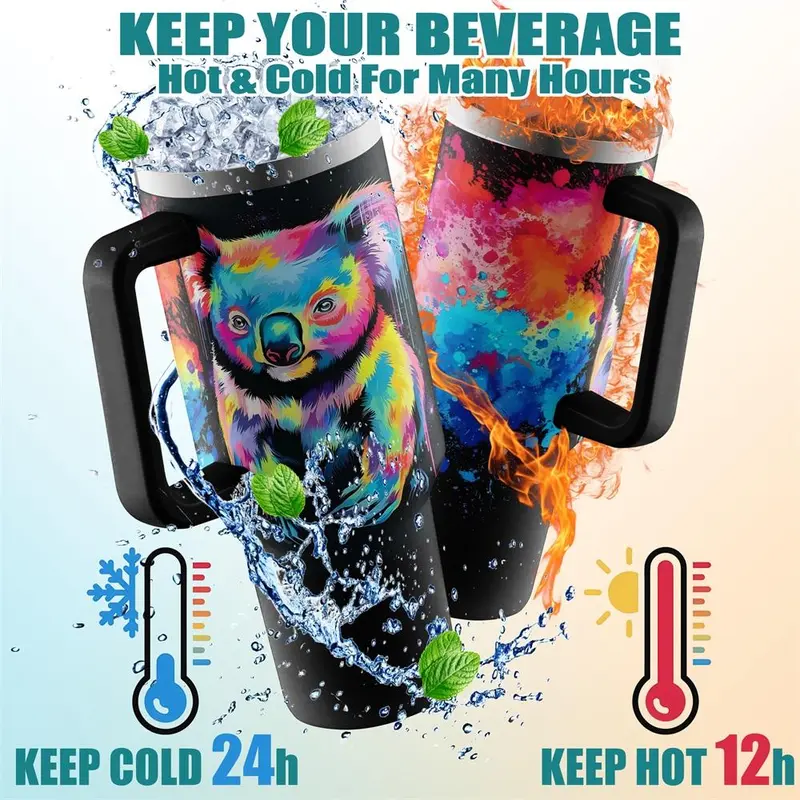 40oz Tumbler with Lid, 1 Count Colorful Koala Pattern Stainless Steel Water Bottle, Insulated and Durable, Gift for Any Occasion, Drinkware 2