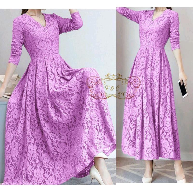 COD DRESS CASSIE/MAXI DRESS KONDANGAN BRUKAT LAPIS FURING Brokat Casual Baju Maxi Wanita lengan Panjang Pesta 1