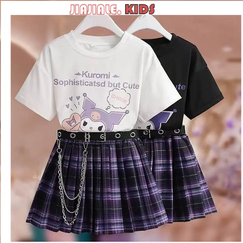 >3Y Girl's Kuromi Pleated skirt 2pcs set, summer college style student short sleeve T-shirt pleated skirt two-piece suit