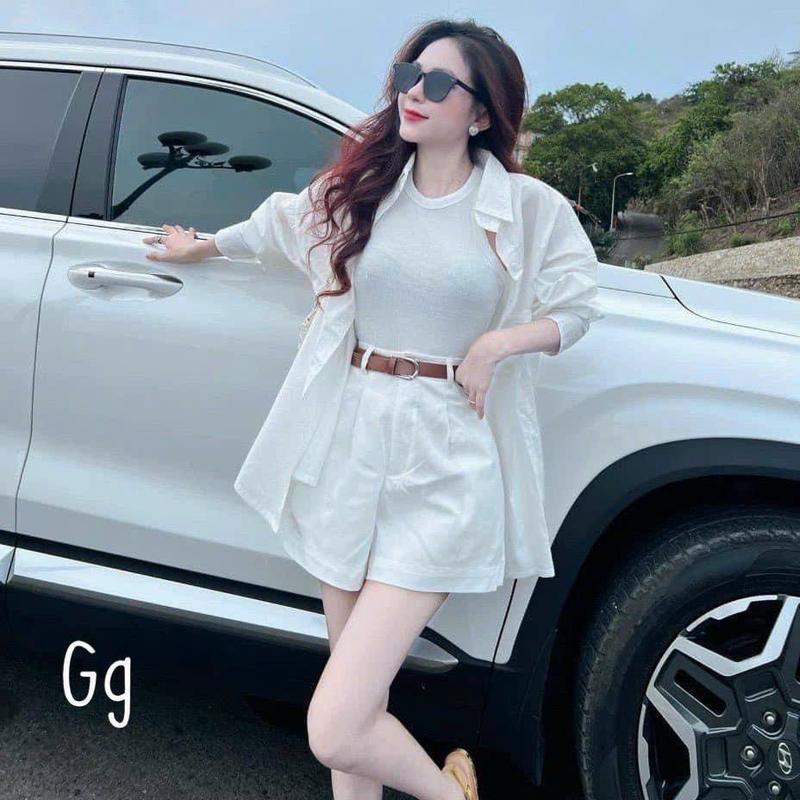 Sét 3 món đi biển, du lịch cực xinh cho nàng tiểu thư cá tính sét áo ba lỗ phối khoác sơ mi from rộng mix quần đùi lưng cao kèm nịt 8
