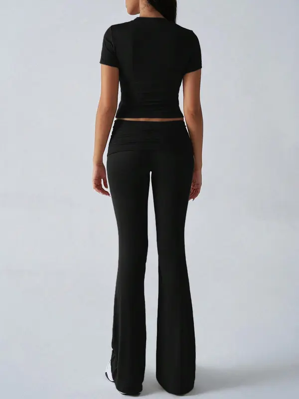 Two-piece Set Women's Solid Crop Top & Flare Leg Pants, Casual Fashion Cozy Round Neck Top & Bell Bottom Trousers for Daily Outdoor Wear, Ladies Clothes for Summer 1