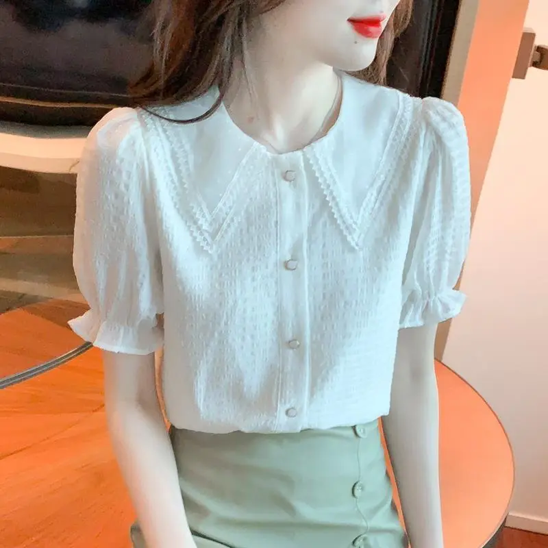 Áo Voan, Cổ Búp Bê Nữ, Tay Phồng Thanh Lịch, Áo Sơ Mi Nhỏ Dáng Ôm, Dễ Phối Đồ Áo Ngắn Tay Hàng Mới Về Mùa Hè 2024