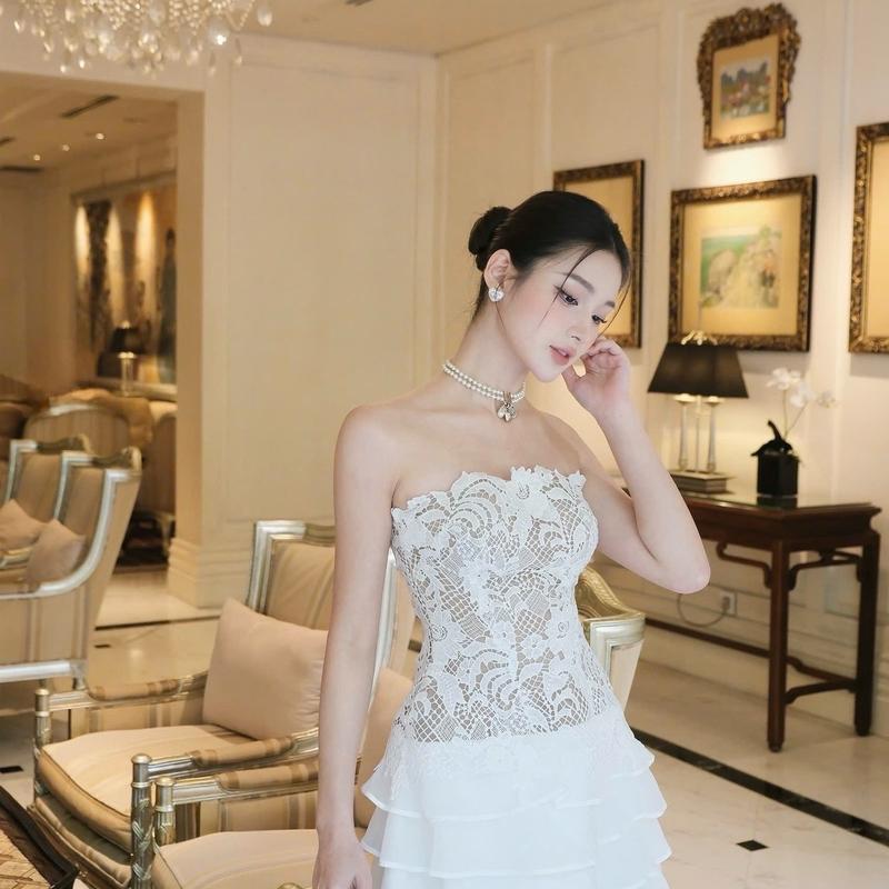 Đầm cúp ngực ren tơ xếp tầng hàng thiết kế nữ - Women Cup Dress Màu Trắng 2