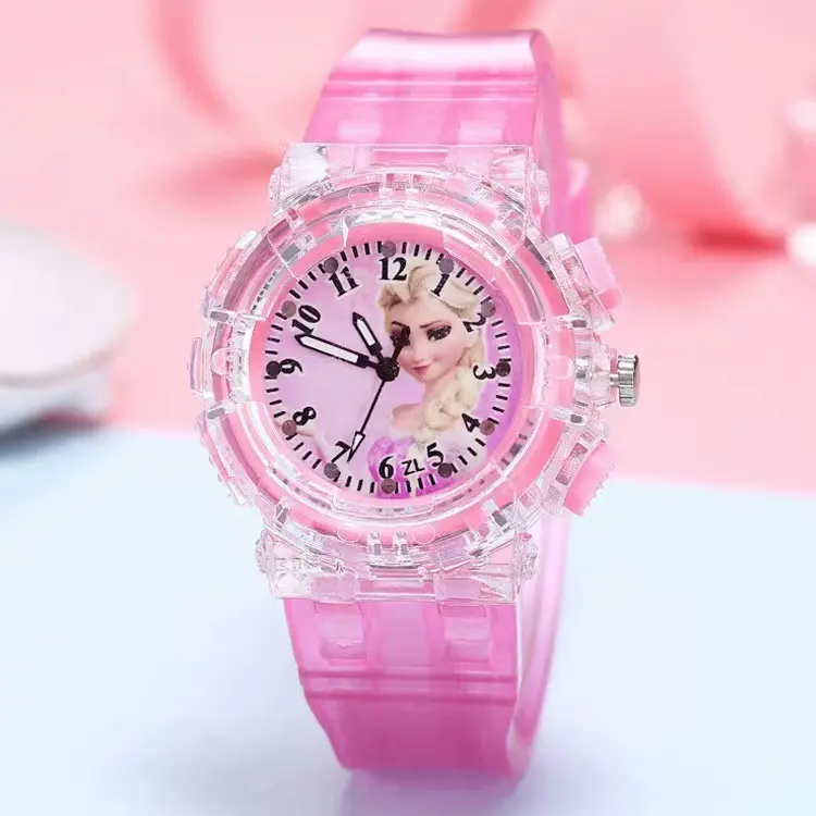 Princess Pattern Led Glowing Flash Children Watch Toys Fashion Leather Quartz Wristwatch Christmas Gifts for Kids