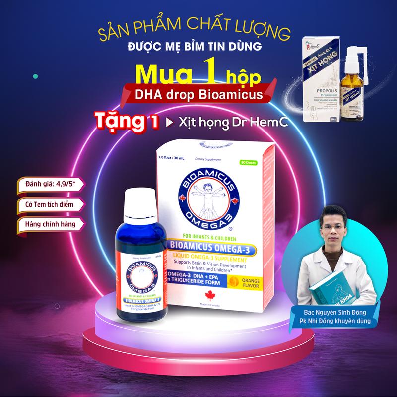 (118) Omega 3 DHA Bioamicus chính hãng cho bé: Bổ sung Omega, DHA giúp phát triển não bộ, thị lực, dùng cho bé từ 0m, vị cam, không tanh. Nhập khẩu nguyên hộp, date xa, có tem tích điểm (kèm quà tặng) Vitamin Men Vi Sinh