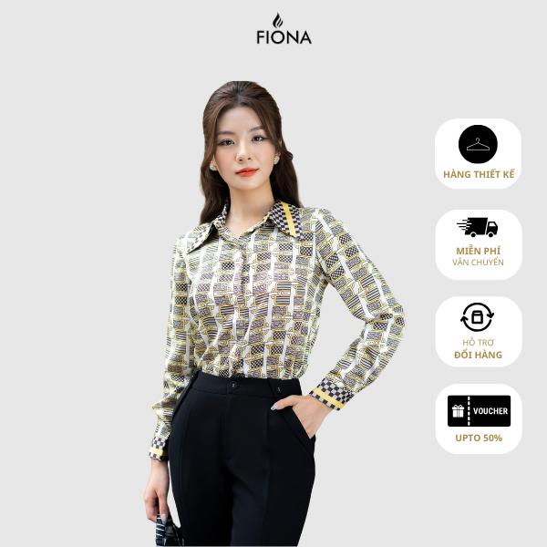FIONA Áo sơ mi nữ dáng suông classic, họa tiết hoa vải lụa, cổ và măng séc họa tiết ô vuông F552679 Women Top
