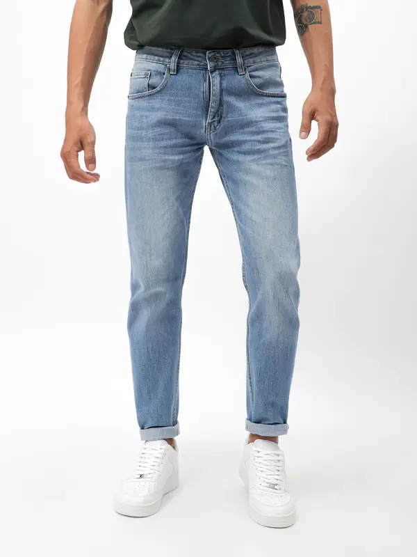 Quần Jean Nam Xanh Trơn, Form Slim Crop , Vải Denim , Dày Dặn , Thỏa Mái 4