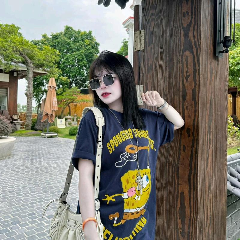 (chất cotton khô) Áo Thun Nam Nữ In hình Bọt biển, phong cách cá tính 3