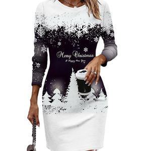 Pakaian Krismas wanita, fesyen cerah untuk keluar pada Hari Krismas, leher V, dicetak dengan pokok Krismas dan kepingan salji, gaun panjang longgar, pakaian parti percutian wanita.