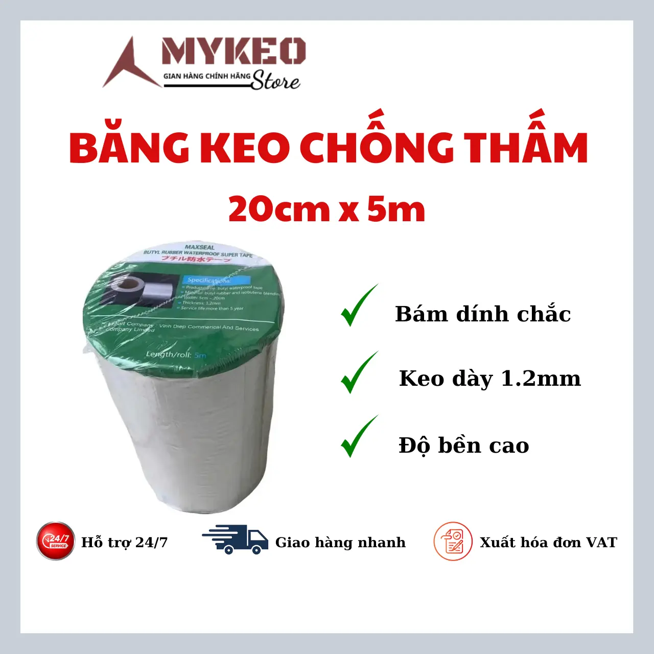 (20cmx5m)- Băng keo chống thấm rộng 20cm dài 5m siêu dính Maxseal