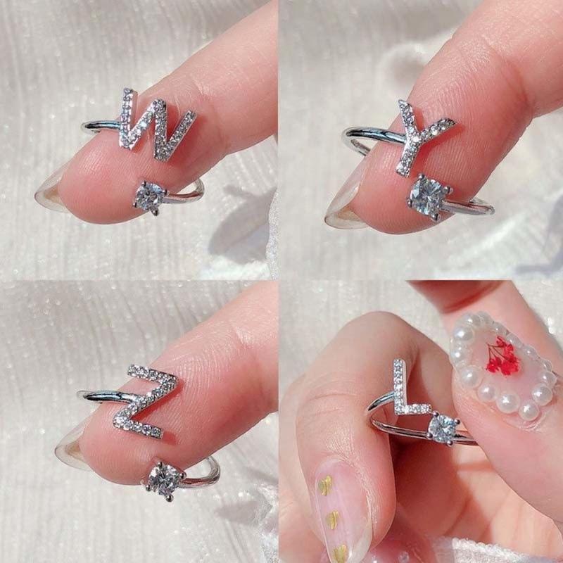 Nhẫn 26 Chữ Cái, Nhẫn Có Thể Điều Chỉnh Nhẫn Mở, Nhẫn Ngón Tay, Đính Đá Women 1