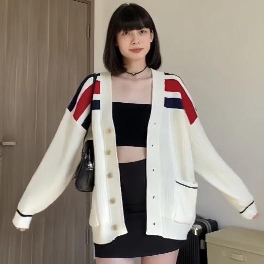 Bản Mới Len Dày Áo Cardigan Len Kẻ Xanh Đỏ Thêu Túi RU Có Size