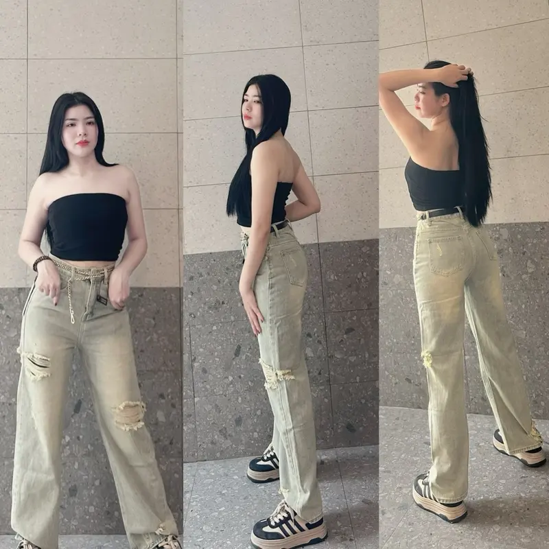 V.M-Quần Jeans Nữ Suông Rách Trước Sau Phủ Dơ Nhẹ (S-2XL)Chất Jeans Mềm QC VM053 Women Pants 0
