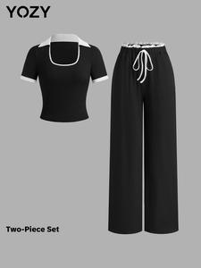 YOZY Women's Colorblock Tee & Frill Trim Tie Front Pocket Pants Two-Piece Set, Casual Short Sleeve Collared Top & Wide Leg Trousers for Daily Wear, Ladies Two-piece Outfits for All Seasons