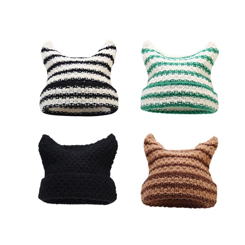 Product Introduction of New Japanese Streetwear Harajuku Beanie Little Devil Striped Knitted Hat Women Girls Autumn Winter Cute Cat Ears Cap 29