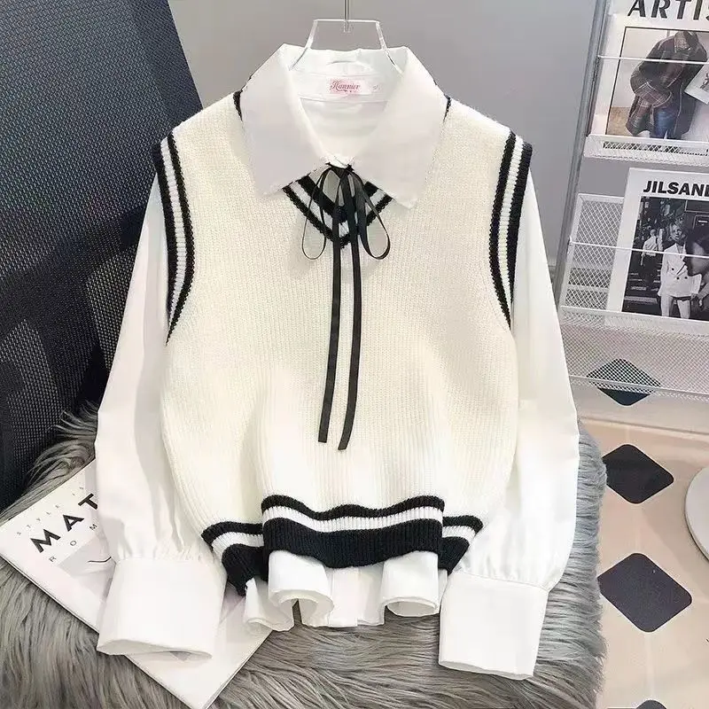 Bộ Đồ Phong Cách Preppy, Cho Bé Gái, Phong Cách Hàn Quốc, Áo Sơ Mi Nơ Dáng Rộng Rãi, Áo Vest Dệt Kim, Bộ Đồ Hai Mảnh, Thời Trang, Quần Áo Nữ, Thích Hợp Cho Mùa Thu 8