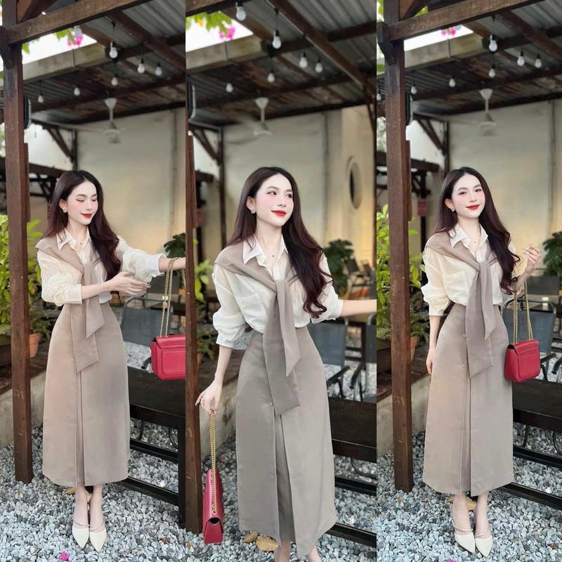 SÉT ÁO LỤA PHỐI VÁY KAKI KÈM KHĂN CHOÀNG Freesize 40-56kg,eo<77cm diện đi làm đi chơi đi tiệc đều sang