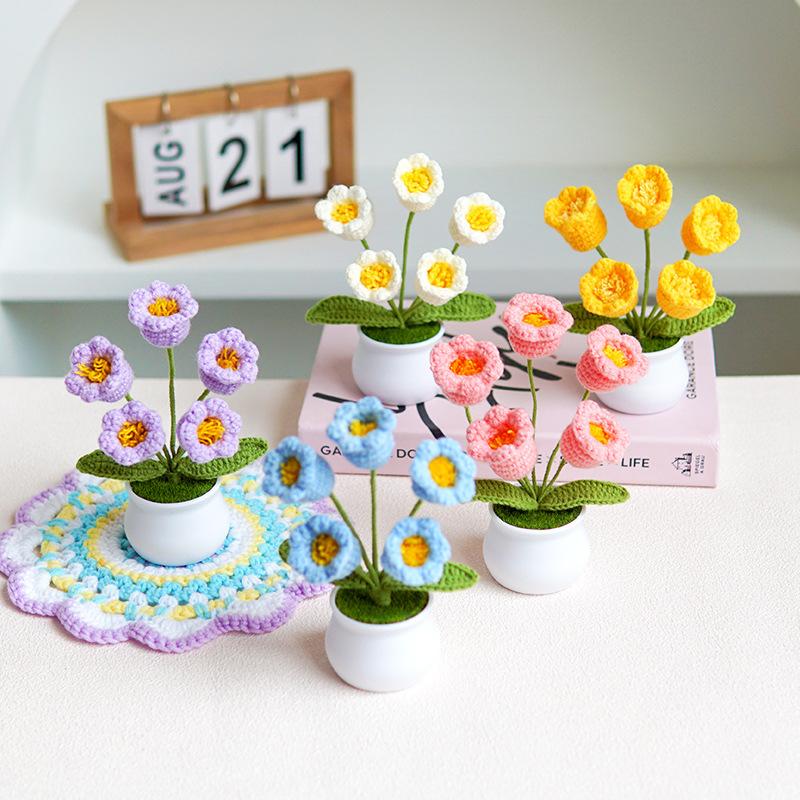 Finished handmade woven lily of the valley potted home decoration, knitted simulated flower yarn, crochet bouquet, fake flower gift 4