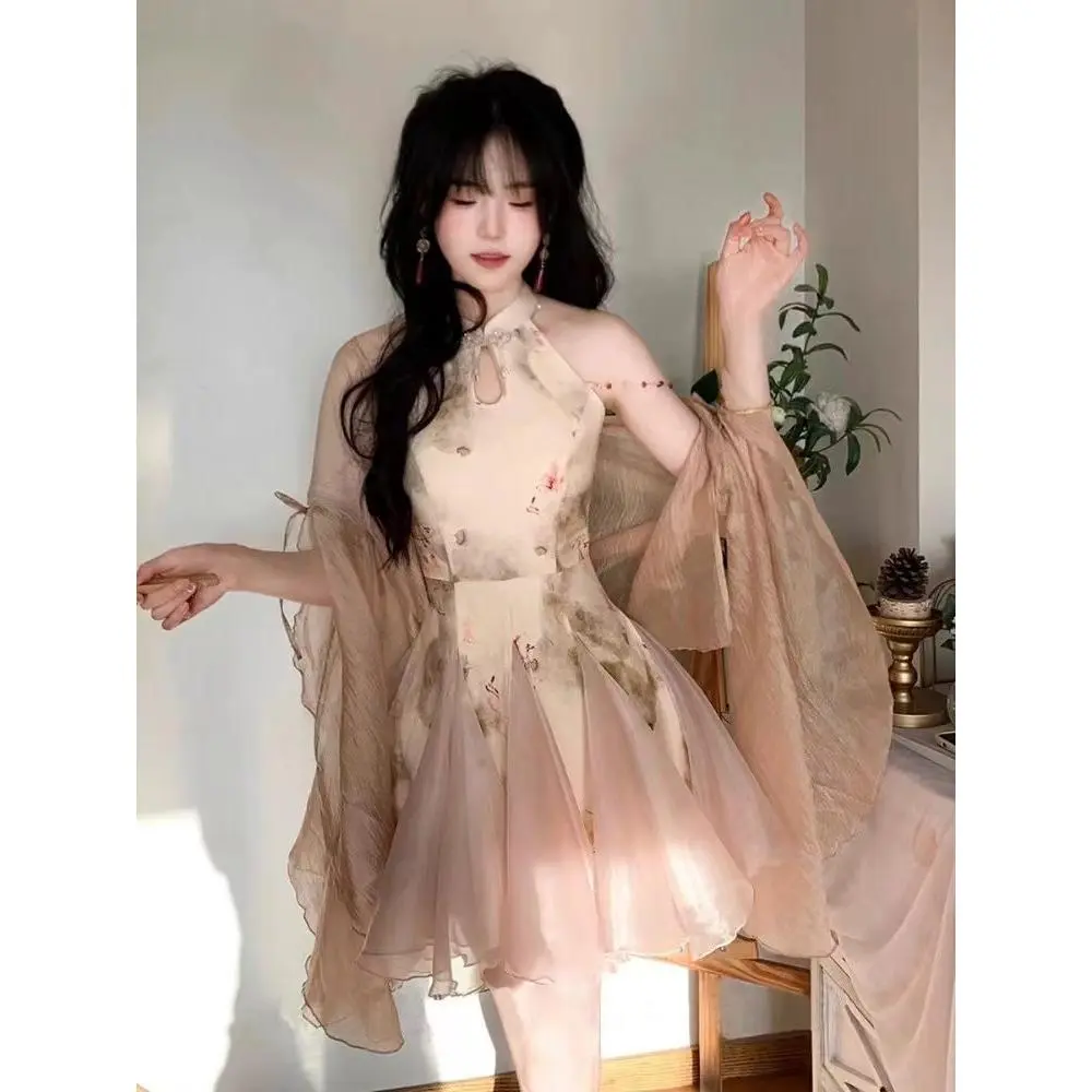 Váy In Sườn Xám, Phong Cách Truyền Thống Trung Quốc, Thiết Kế Cải Tiến, Bộ Hai Mảnh, Áo Cardigan Mỏng, Thích Hợp Cho Mùa Hè Nữ 2024, Sành Điệu