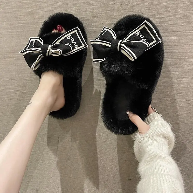 Dép lông gắn nơ bản 2cm 3 màu xinh (form chuẩn) Nữ DéP Slipper Women Có Quai