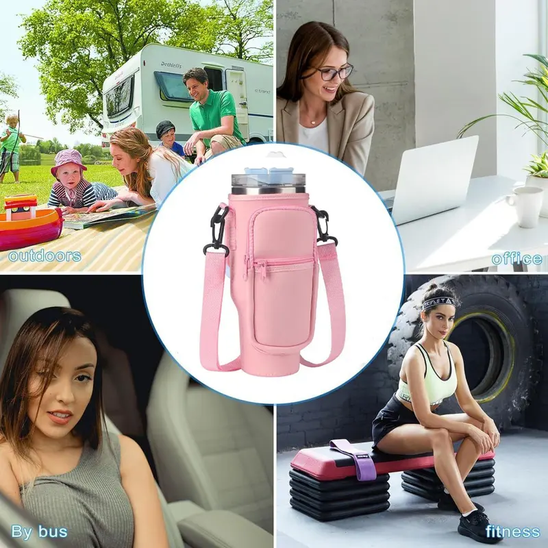 Water Bottle Carrier Bag, 1/2/4 Counts Tumbler Cups Holder with Shoulder Strap, Water Bottle Carrier with Phone Pouch for Hiking Camping [without Cup & Straw Cover] 5