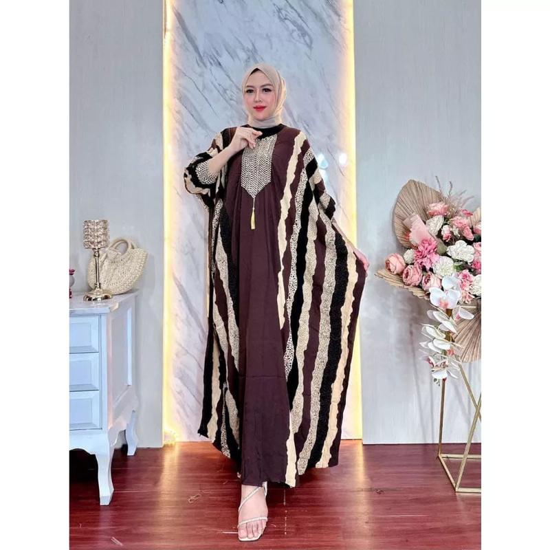 Dress Panjang Kaftan Motif Salur Bahan Rayon Super Tebal Renda Ory Sultan Mewah Wanita Muslim Dewasa Zipper Busui Gamis Lebaran Nyaman tunik syar'i remaja style korea 3