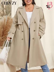 CURVZY Plus Size Solid Double Button Belted Trench Coat, Elegant Pocket Lapel Neck Long Sleeve Coat for Women, Women's Clothing for All Seasons