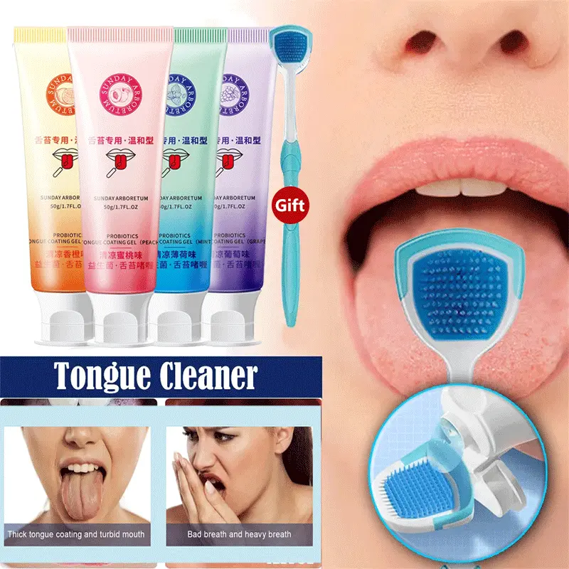 Tongue Cleansing Gel Tongue Coating Cleaning Gel With Silicone Tongue Scraper Brush Cleaning Set