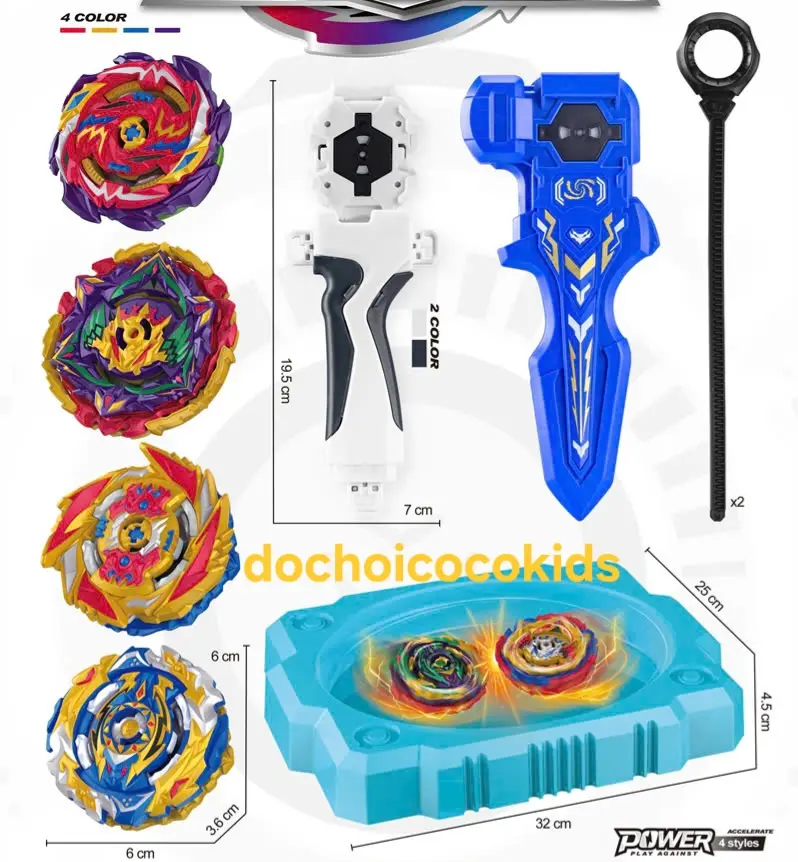 Đồ chơi Con quay cho Bé Gồm 4 Con quay nhiều màu, 4 núm quay thay thế, 2 cần quay và dây kéo, sân đấu.