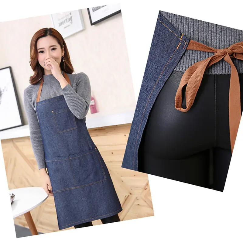 Váy Tạp Dề Yếm, Dành Cho Người Lớn, Màu Xanh Denim, Thích Hợp Để Nấu Ăn, Nhà Bếp, Phục Vụ Khách Hàng, Có Túi, Làm Việc Nhà Hàng 0