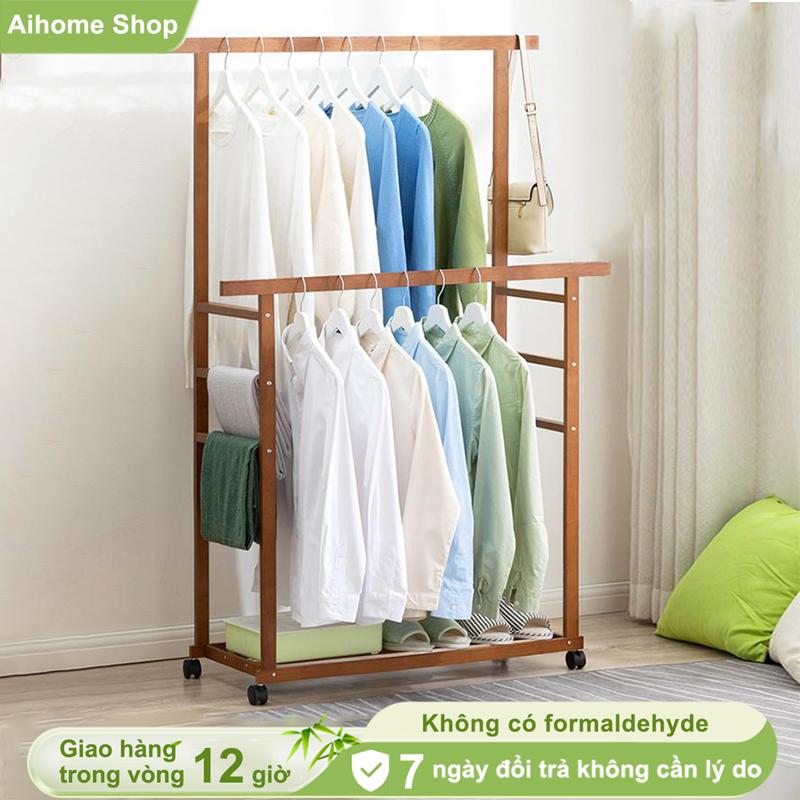 Aihome Shop 150*82*35 cm Kệ treo quần áo đôi - Giá treo quần áo, treo khăn gỗ thông nhập khẩu, chắc chắc, di chuyển tiện lợi