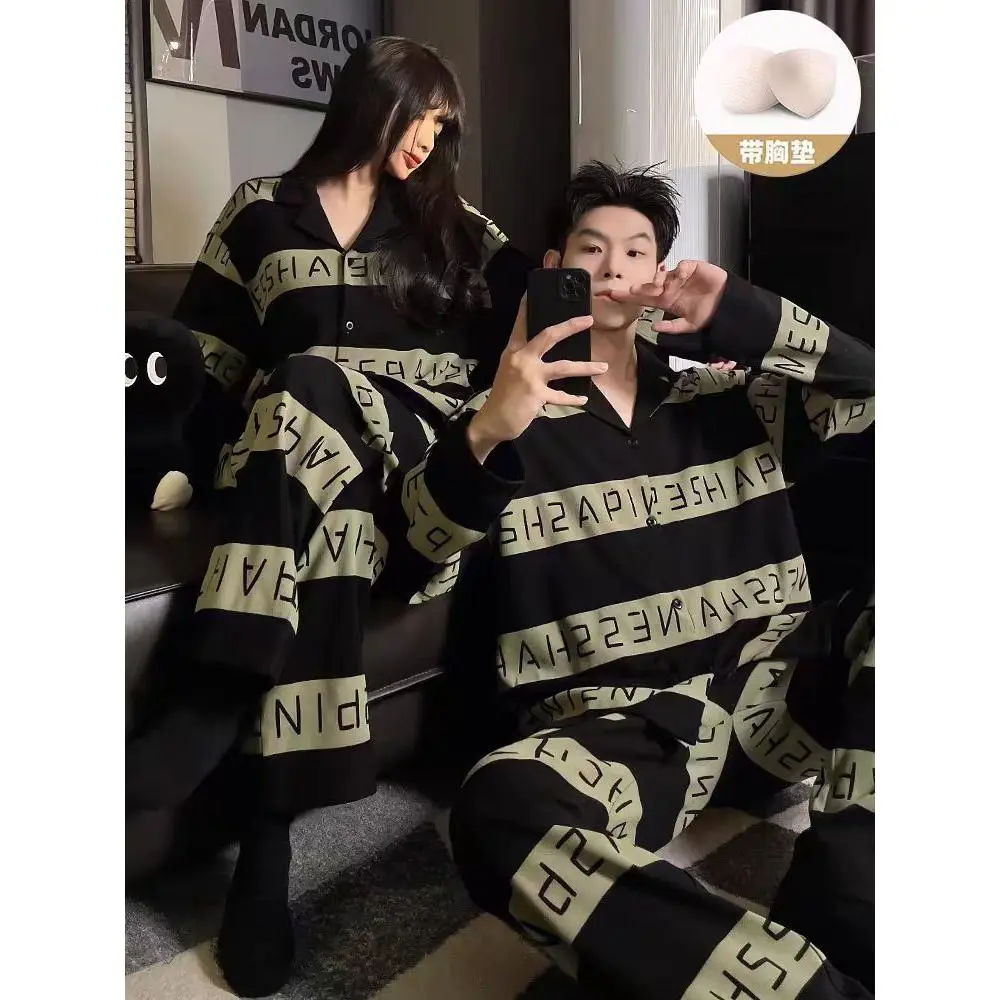 Bộ Đồ Ngủ Cặp Đôi, Có Đệm Ngực, Dành Cho Nữ, In Chữ Mới, Mùa Xuân Và Mùa Thu, Dài Tay, Bộ Đồ Mặc Nhà Ngoài Trời Sang Trọng, Dành Cho Nam