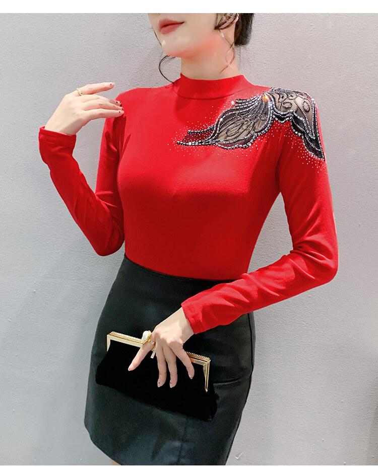 Product Introduction of Áo Sơ Mi Cơ Sở Cotton, Phong Cách Châu Âu, Dài Tay, Cổ Tròn, Thiết Kế khoét Ren Và Kim Cương Giả Màu Đỏ, Thời Trang, Thích Hợp Cho Mùa Xuân Và Mùa Hè, Áo Thun Nữ Đẹp, DL, Xu Hướng 2025 23
