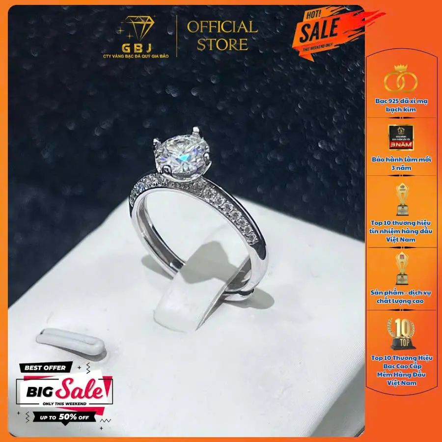 Nhẫn Bạc Nữ 4 Chấu Viền Đ.á Viên Chủ Moissanite 6Li5 (freesize) Trẻ Trung, Dành Cho Nữ GBJ585