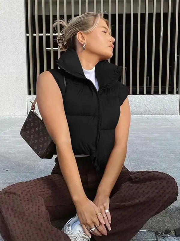 Women's Solid Drawstring Zip Up Puffer Vest, Casual Fashion Sleeveless Outerwear for Fall & Winter, Women's Clothing for Daily Wear 2
