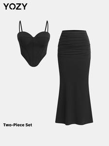 YOZY Two-Piece Set Women's Solid Crop Cami Top & Ruched Mermaid Skirt, Elegant Adjustable Strap Asymmetrical Hem Crop Top & Skirt, Ladies Summer Clothes for Party Club Dating