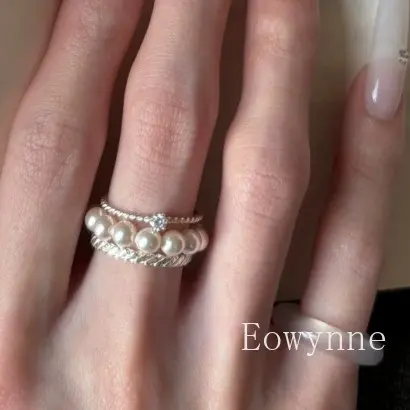 [Eowynne]  Cincin Tiga Lapisan Mutiara Palsu Untuk Wanita Modis Menarik E183