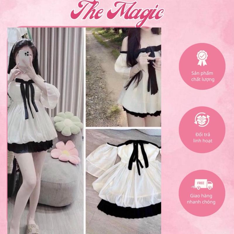 Set Áo Trễ Vai Nữ Tiểu Thư Cột Nơ Kèm Chân Váy Thời Trang. Voi Women Kem Top