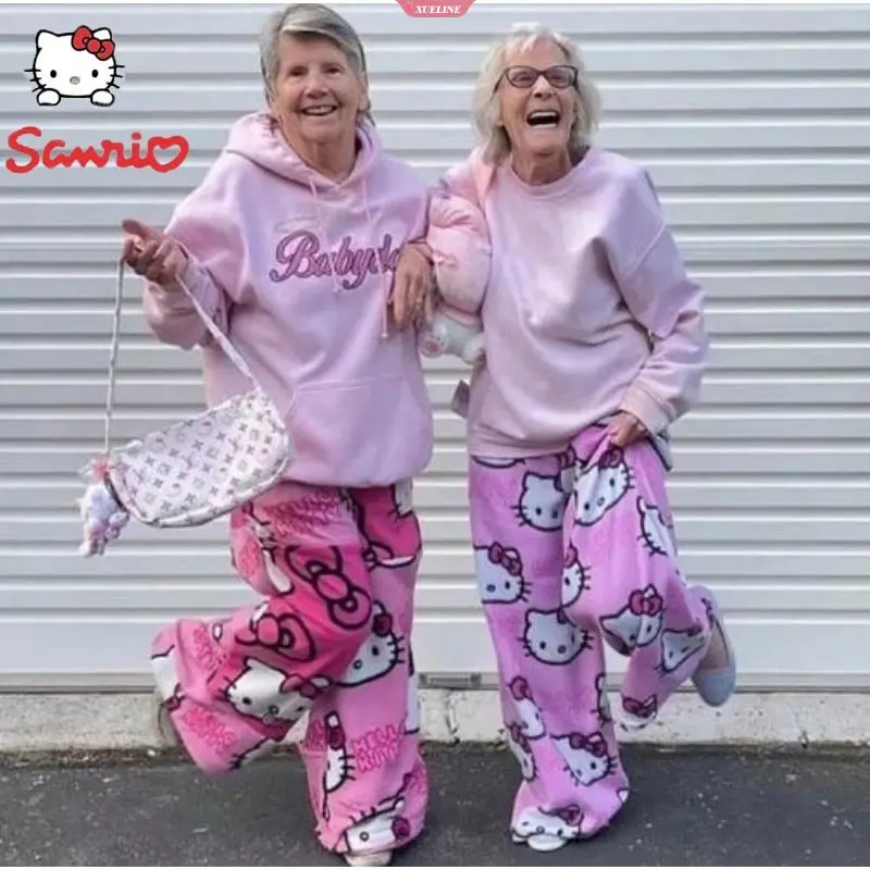 Sanrio - set piyama flanel wanita, fesyen musim luruh, hip hop, kartun Kitty, Y2K