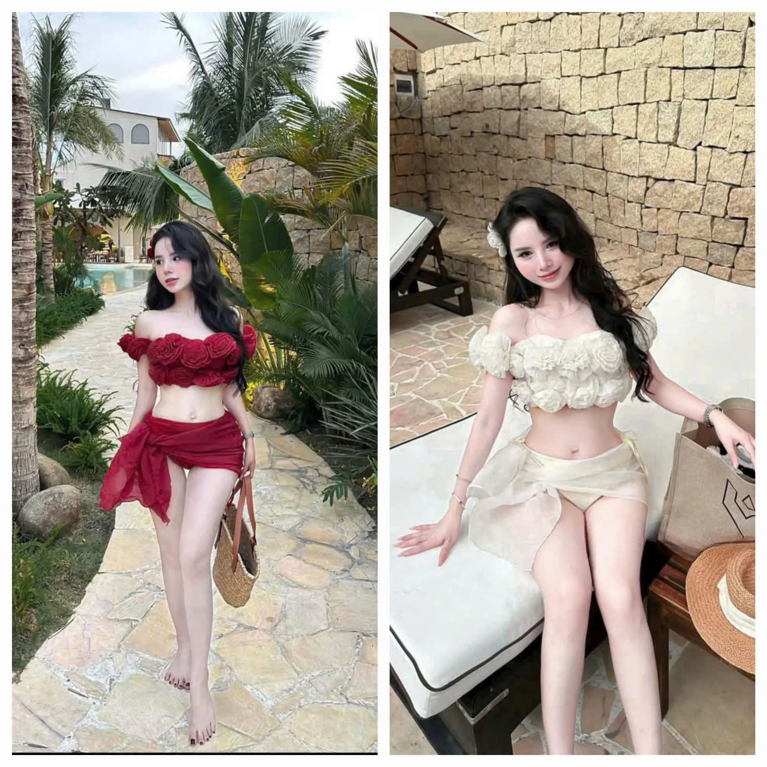 Sét 3 món bikini đi biển thiết kế 2 tone màu cực hottrend lên hình siêu đẹp sét áo croptop đính 12 bông trễ vai kèm quần bikini cột dây phối khăn quần tơ